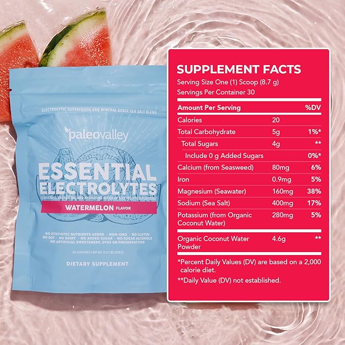 Paleovalley Essential Electrolytes Powder - Full Spectrum Watermelon Electrolyte Powder for Hydration Energy and Muscle Recovery - No Sugar Added - 30 Servings