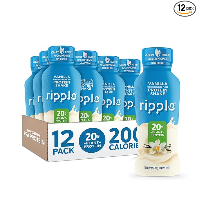 Ripple Vanilla Plant Based Protein Shake | 20g of Quality Sourced Pea Protein Calcium &amp Iron Rich | Shelf Stable | Vegan &amp Non GMO | Dairy Soy Nut &amp Gluten Free | 12 Fl Oz Bottles (Pac