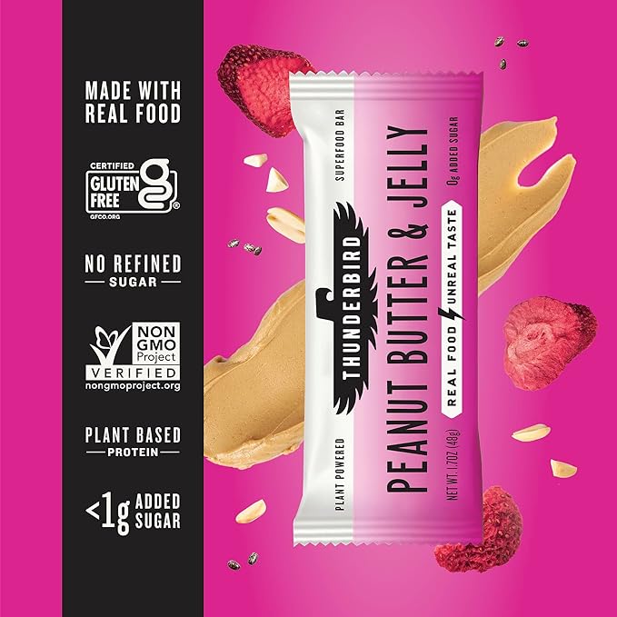 Thunderbird Bars Energy Snack Gluten-Free with Protein Healthy Real Food Vegan Non-GMO No Added Sugar (12 Count 1.7 oz. Bars) (Peaut Butter Jelly)