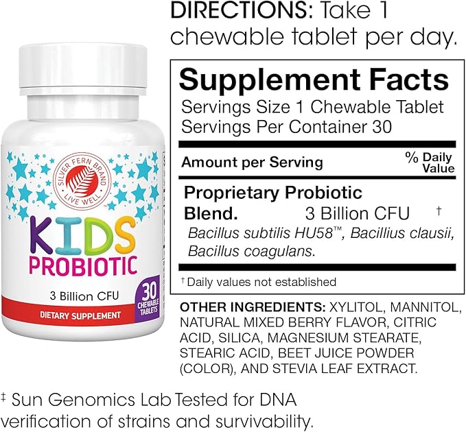 Silver Fern Brand Family Probiotics - Ultimate Adult Probiotic (1 Bottle = 60 Capsules) Plus Ultimate Children's Probiotic for Kids (1 Bottle = 30 Chewables) - Gut Health &amp Microbiome Support
