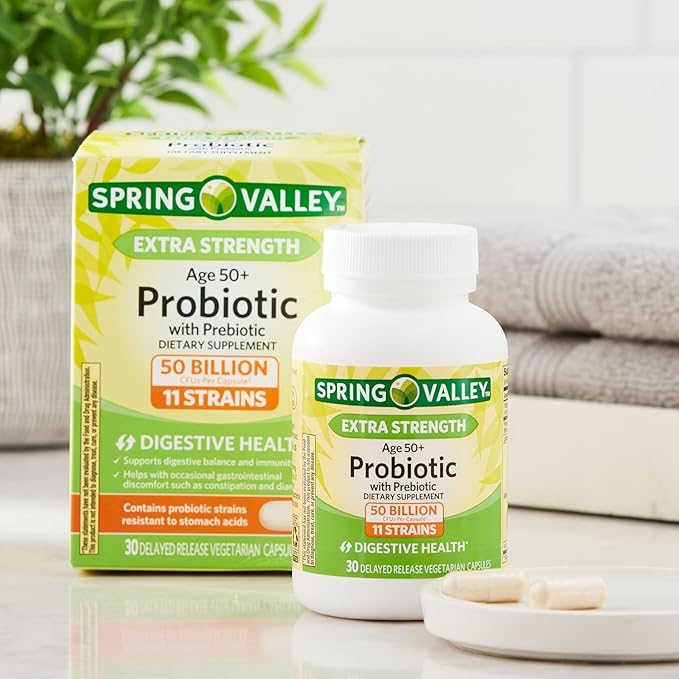 Probiotic | Age 50+ | 50 Billion CFU 11 Strains 30 Capsules | Daily Probiotic Supplement | for Adults 50+ | Spring Valley + Vsl Sticker