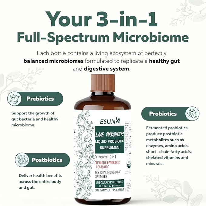 3-in-1 Liquid Probiotic Complex with Prebiotics Probiotics &amp Postbiotics - Features 10 Clinical Strains + 18 Organic Fermented Herbs - Complete Gut &amp Microbiome Support for Men &amp Women (1