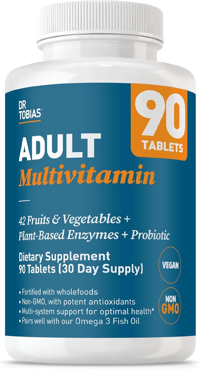 Dr. Tobias Adult Multivitamin for Women &amp Men Immune Supporting Vitamins from 42 Fruits Vegetables Plus Probiotics Vegan Multivitamins for Men &amp Women Non-GMO 90 Tablets 30 Servings