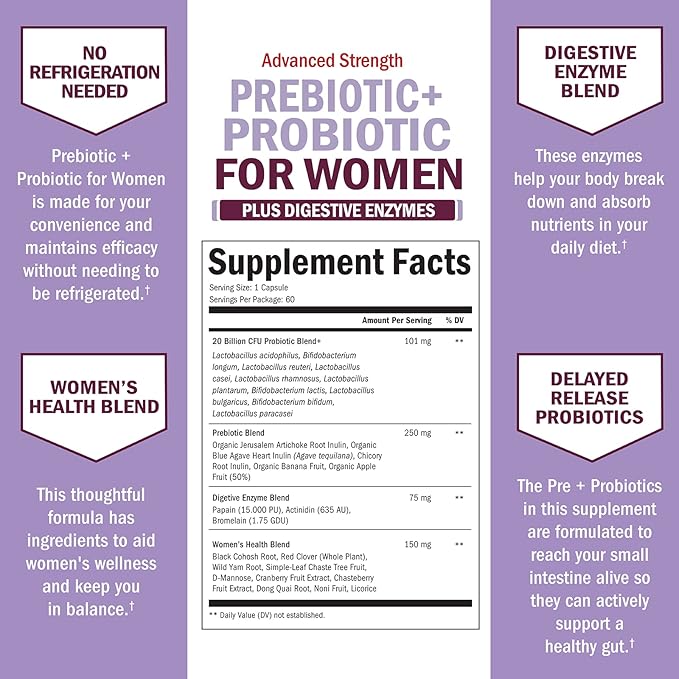 Prebiotics and Probiotics for Women - with Black Cohosh and Red Clover for Gut Vaginal and Immune Health Support Whole Food Digestive Enzymes Capsules Lactobacillus Probiotic Supplement 60 Count