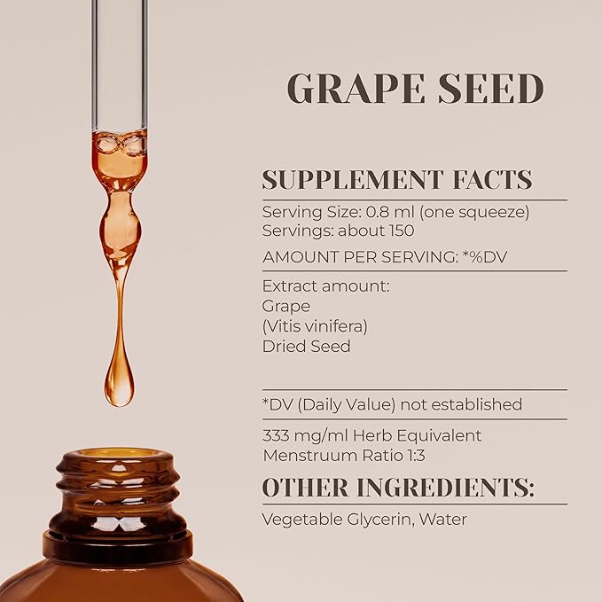 Grape Seed Alcohol-Free Natural Tincture Extract Immune System Booster Liquid Drops Made from 100% Grape (Vitis vinifera) Dried Seed (4 fl oz)