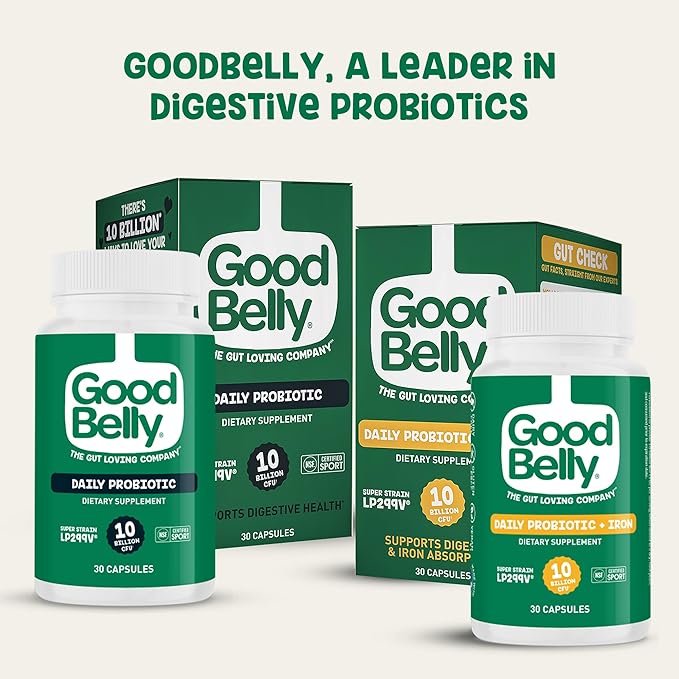 GoodBelly Probiotic Capsules for Digestive Health &amp Iron Absorption | Vegan Probiotic Supplement with 10 Billion Live Cultures | Probiotics for Women &amp Men | 30 Capsules