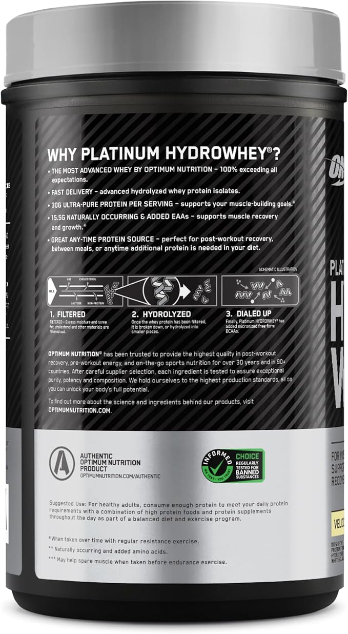 Optimum Nutrition Platinum Hydrowhey Protein Powder 100% Hydrolyzed Whey Protein Isolate Powder Flavor: Turbo Chocolate 20 Servings 1.8 Pounds (Packaging May Vary)
