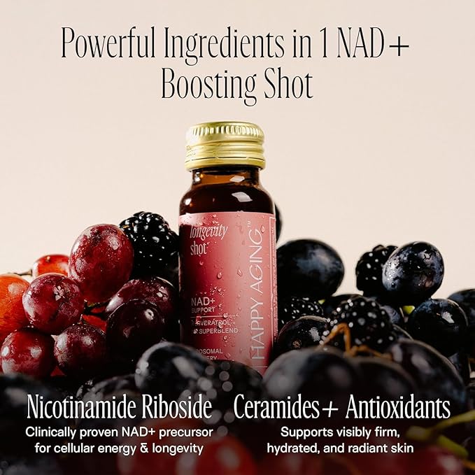 Happy Aging Liquid NAD+ Supplement for Women | Liposomal Nicotinamide Riboside &amp Resveratrol Shots for Energy Skin Health &amp Brain Fog | NMN Alternative with Antioxidants | 10 Shots 30-Day Su