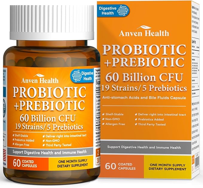 60 Billion Probiotic and Prebiotic for Women and Men - 19 Strains 5 Organic Prebiotics for Gut Digestive &amp Immune Health Supports Diarrhea Gas Bloating Non-GMO – Made in USA丨60 Caps