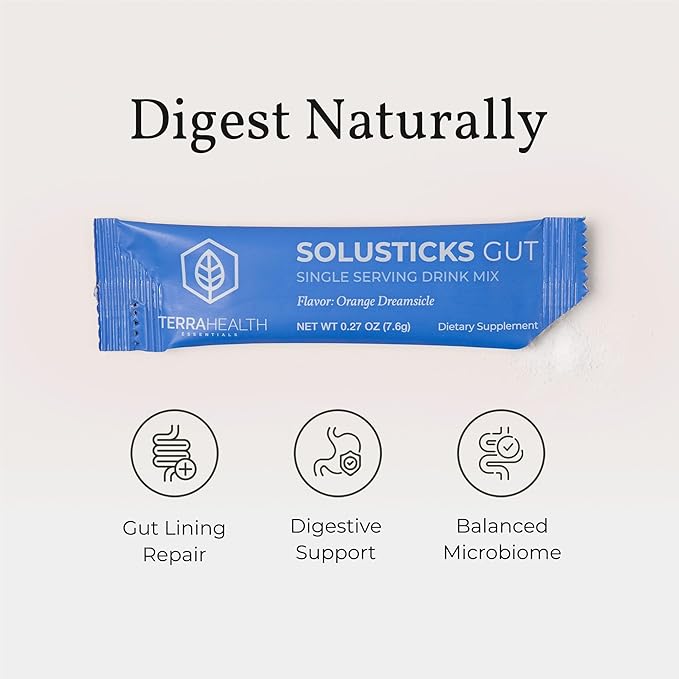 Terra Health Essentials Solusticks Gut - Leaky Gut Supplement - Complete Stomach Lining Repair Digestive Support &amp Muscle Recovery - Slippery Elm Licorice L Glutamine Powder - Orange 30 Sticks