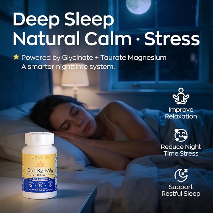 UBIOSKA Vitamin D3 K2 Magnesium Supplement – 5000 IU D3 + MK-7 K2 with 8-Form Magnesium (Glycinate Taurate Malate) for Calm Sleep Stress Relief Mood Balance &amp Strong Bones – 60 Capsules