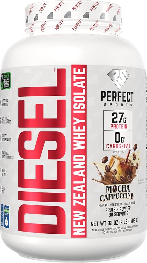 PERFECT SPORTS Diesel 100% New Zealand Whey Protein Isolate | Stevia Sweetened No Artificial Ingredients Keto | 0g Carb 0g Fat 26g Protein | 2 Pounds (Mocha Latte Cappuccino)