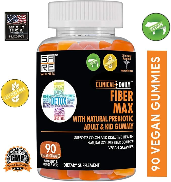 CLINICAL DAILY Fiber Max Vegan High Fiber Gummies for Adults &amp Kids. Constipation Relief for Adults and Kids. Prebiotic Inulin Fiber Supplement Gummies. 90 Gluten-Free Laxative Gummies for Gut Re