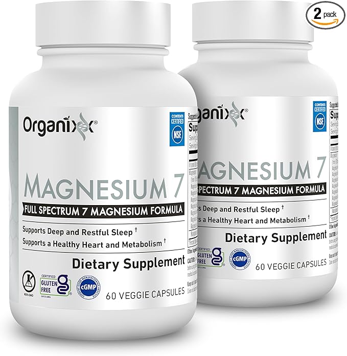 Organixx Magnesium Glycinate Supplement for Support Sleep Muscle &amp Heart Health 7 Type Magnesium Complex with Vitamin B6 Manganese Citrate Gluten Free Non GMO 120 Capsules (60 Capsule 2 Pack