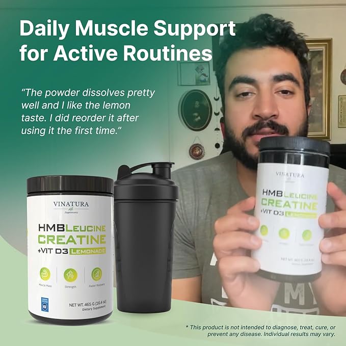 VINATURA HMB Creatine Leucine Powder - 5g Creatine Monohydrate 3g HMB Supplement 3g L-Leucine - Vitamin D3 Vegan Lemonade Flavor Muscle &amp Strength Support - 30 Servings