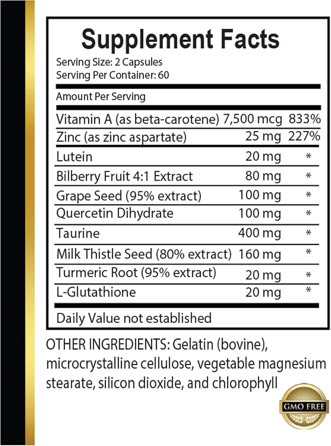 Eye Vitamins with Lutein and Bilberry - VISION SUPPORT NATURAL COMPLEX - Vision Health for Adults with Vitamins C Eye Vitamin Ingredients Eye Health Complex Supplement - 1 Bottle