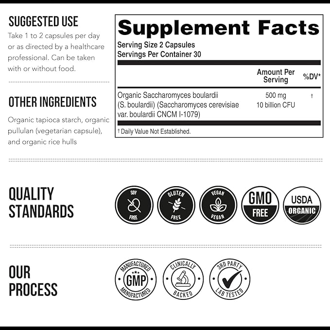 Organic Saccharomyces Boulardii - 10 Billion CFU - Clinically Validated CNCM I-1079 Probiotic Strain - Gut Digestion &amp Healthy Bowel Support - First Organic Form of S. Boulardii Probiotic - 60 Co