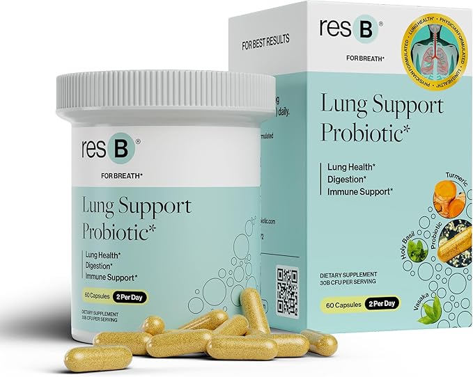 resB Lung Support Probiotic Supplement - Lung Health Supplement for Smokers Gut Health Immune &amp Digestive Support Respiratory Care Holy Basil &amp Turmeric Clinically Trialed - 60 Capsules