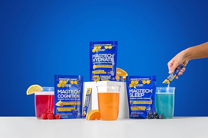MagTech Magnesium Hydrate Packets - Sugar Free Hydration Powder - Magtein Magnesium L-Threonate Glycinate &amp Taurate - 200mg Chelated Triple Complex - Supports Hydration &amp Brain Health* - 14 S