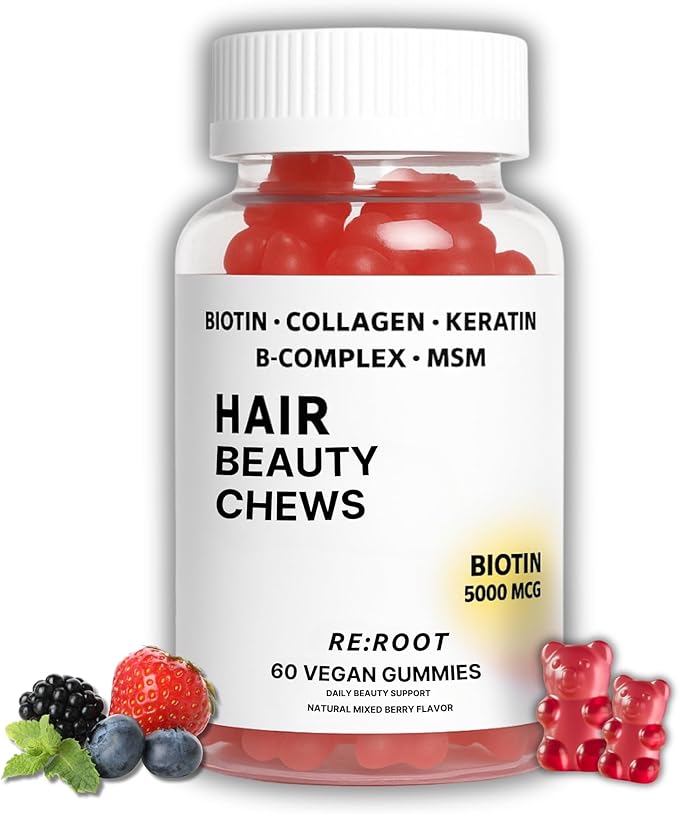 RE:ROOT Hair Growth Gummies – 5000 mcg Biotin with Collagen Keratin &amp MSM – Hair Skin &amp Nails Support – 60 Berry Gummies