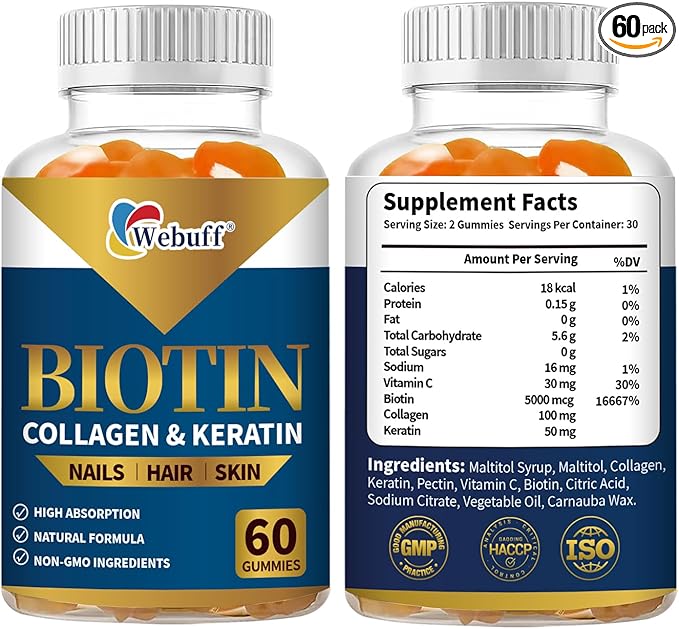 Biotin Gummies for Hair Growth Skin &amp Nails (60 Count) Strength Biotin Vitamins for Women &amp Men Gluten-Free Vegan Strawberry Flavor 60 Gummies (60 Count (Pack of 2))