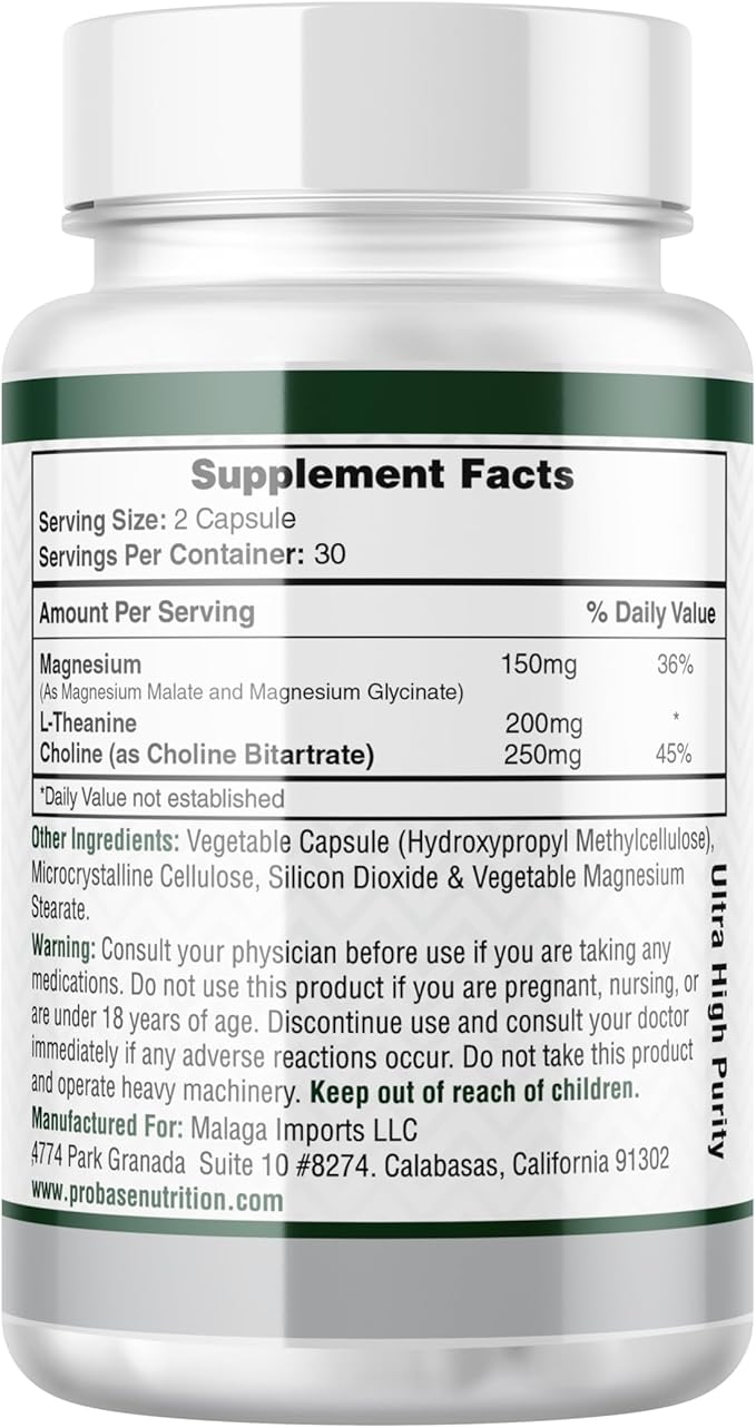 Probase Nutrition Magnesium Complex Plus with Glycinate Malate L-Theanine and Choline - Natural Support for Sleep and Cognitive Function - 60 Capsules - Calming Vitamins