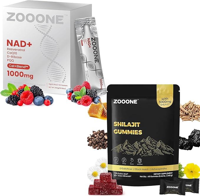 zooone NAD+ 1000mg Liquid Packets Supplement +Shilajit Himalayan Gummies with Ashwagandha &amp Black Musli