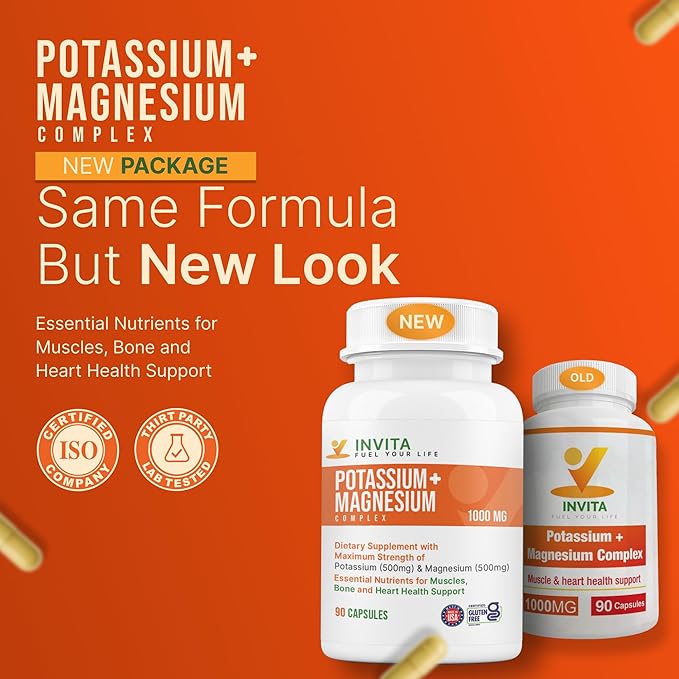 Invita Potassium Magnesium Complex 1000 MG for Leg &amp Muscle Support I (90 Capsules) - High Absorption Potassium Aspartate with Magnesium Aspartate Oxide Glycinate Gluconate &amp Citate