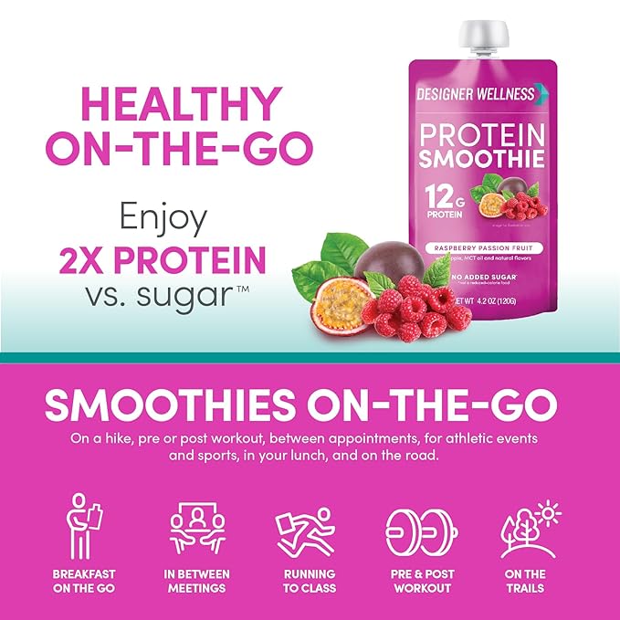 Designer Wellness Protein Smoothie Real Fruit 12g Protein Low Carb Zero Added Sugar Gluten-Free Non-GMO No Artificial Colors or Flavors Raspberry Passion Fruit 12 Count