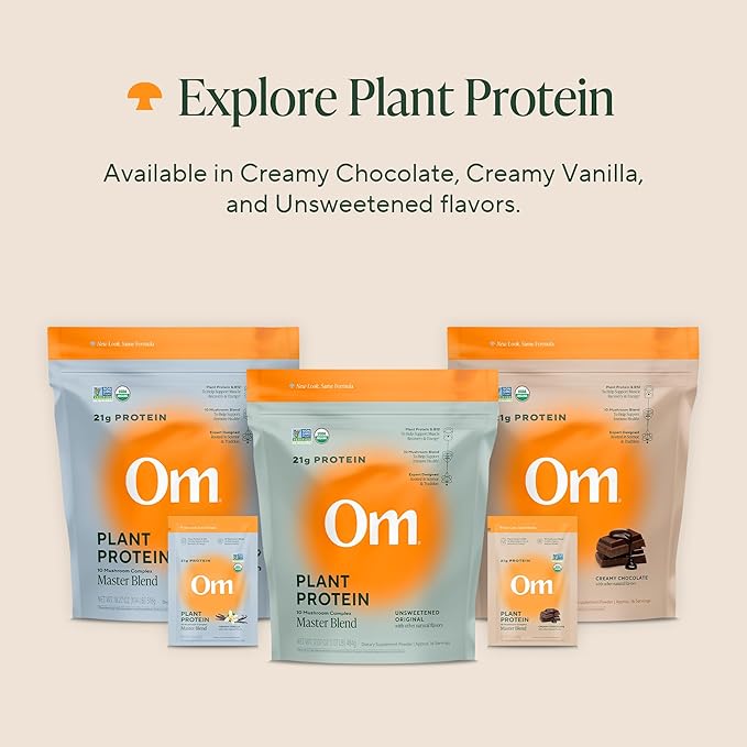 OM MUSHROOM SUPERFOOD Master Blend Vegan Protein – Organic Vanilla Plant Protein with 10 Mushrooms Ashwagandha BCAAs &amp B12 – Energy Recovery &amp Immune Support – 10 Single Serves