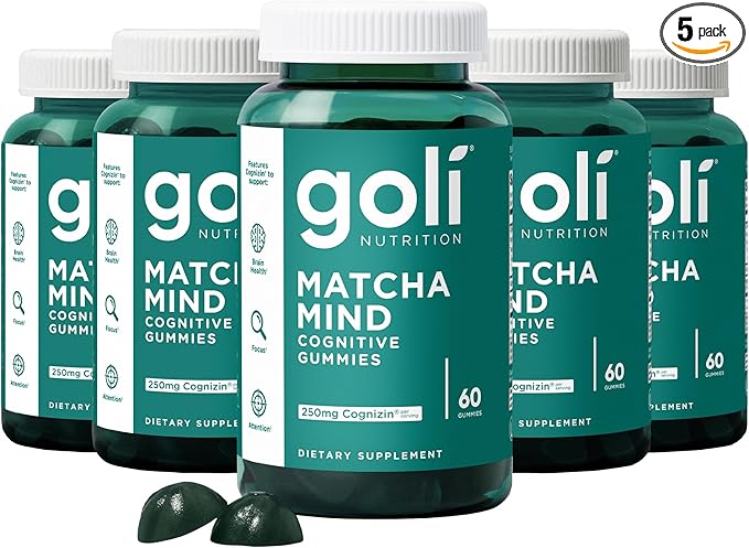 Goli Matcha Mind Gummies - 5 Pack - Green Tea Leaves Powder with Cognizin for Focus Attention and Brain Health Vegan Non-GMO Gluten-Free &amp Gelatin Free - 300 Count