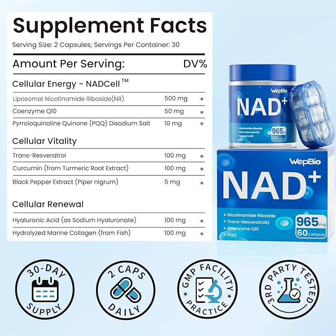 Upgraded NAD Supplement Liposomal Nicotinamide Riboside(NR 500mg) with CoQ10 PQQ and Resveratrol for Women and Men Supports Cellular Energy Vitality &amp Healthy Aging - 120 Capsules