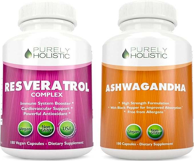Purely Holistic Resveratrol 1450mg + Organic Ashwagandha 1300mg &amp Black Pepper - Vegan Bundle - 180 + 180 Capsules - Packed with Potent Antioxidants - Made in USA