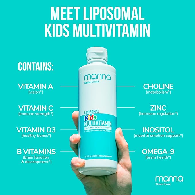 Manna Vitamins Evolved Liposomal Kids Multivitamin - Vitamin D3 &amp Vitamin A - Vitamin B12 &amp Vitamin C Supplement - Children's Liquid Multivitamin - Immune Support Supplement for Children
