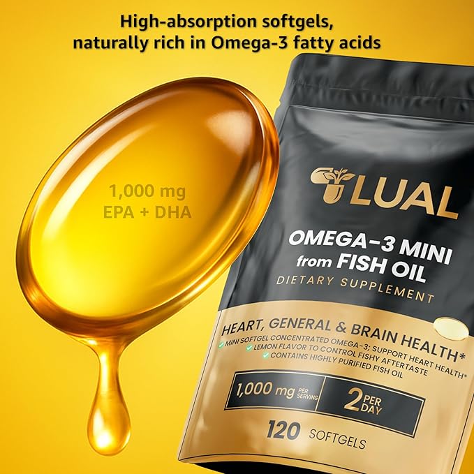 Omega-3 Mini from Fish Oil 1000mg Softgels. Small Burpless Capsules with EPA &amp DHA Lemon Flavor Non-GMO 120 Count