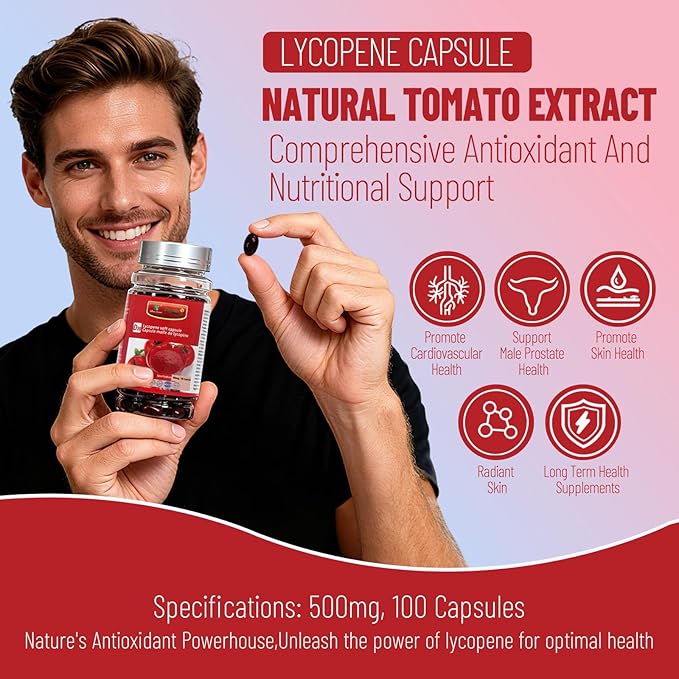 Lycopene Softgel Capsule 500mg Super Vegetable Tomato Supplement Extract Supports Heart Prostate &amp Skin Health 100 Count