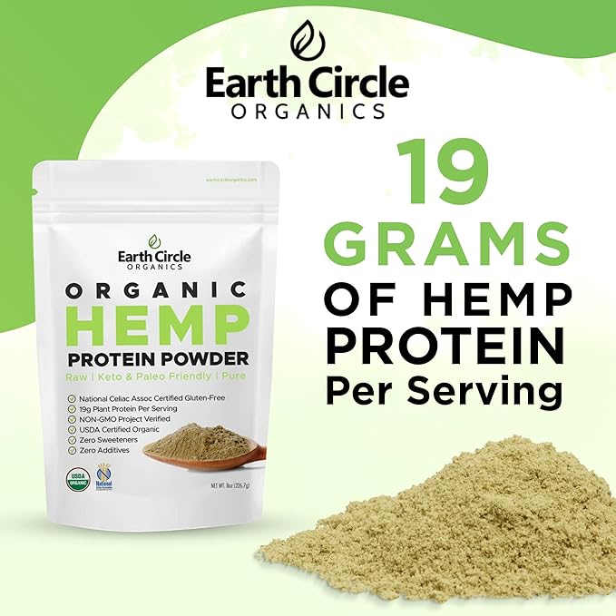Earth Circle Organics Organic Hemp Protein Powder Lab Tested 100% Gluten Free Plant Based &amp Vegan Raw Protein Powder - Perfect for Keto Meal Replacement Shakes Pre &amp Post Workout (8oz Pac