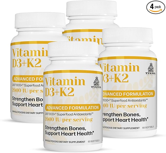 TURNER Vitamin D3 and K2 Caps High Potency D3 2000IU and K2 (MK7) 80mcg Unique VIT D3 from 100% New Zealand Sheep's Wool Lanolin. Cardiovascular Support &amp Bone Health 240 Softgels 4 Month Suppl