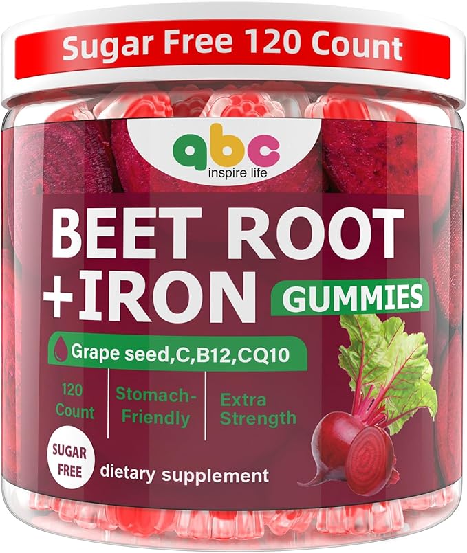 Beet Root Gummies 100mg – Red Beet Chewables with Grape Seed CoQ10 Vitamin C Iron &amp B12 – Supports Energy Metabolism &amp Healthy Circulation – Sugar Free Supplement for Women &amp Men 120 C