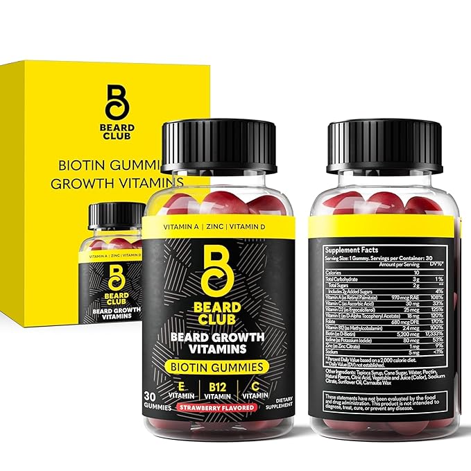 The Beard Club Biotin Beard Growth Vitamin Gummies - Hair Supplement for Men - Vitamins B12 E &amp C to Support a Thicker Fuller Looking Facial Hair - Strawberry Gummy