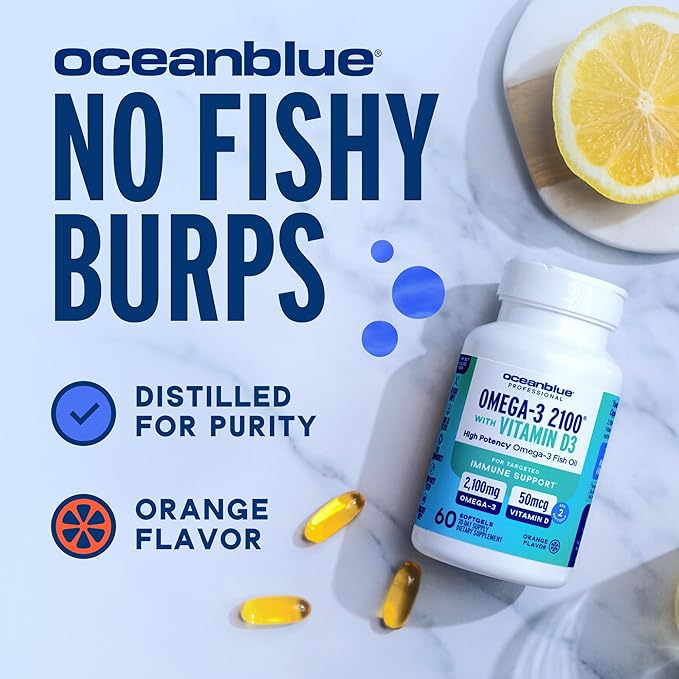 Oceanblue Professional Omega-3 2100 with Vitamin D3 – 120 ct – Triple Strength Burpless Fish Oil Supplement with High-Potency EPA DHA DPA and Vitamin D3 – Wild-Caught – Orange Flavor (60 Servings)