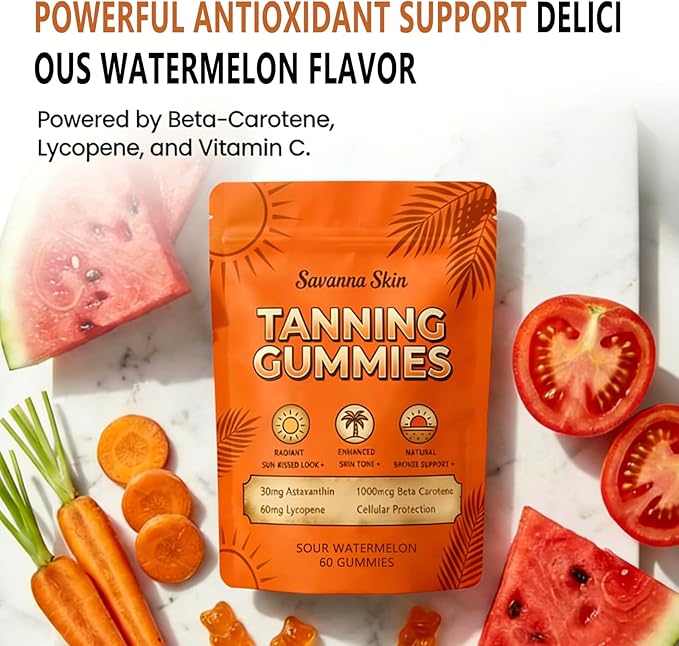 Savanna Skin Tanning Gummies:Antioxidant Beauty Gummies with Beta-Carotene &amp Lycopene for a Healthy Sun-Kissed Look – 60 Daily Beauty Gummies