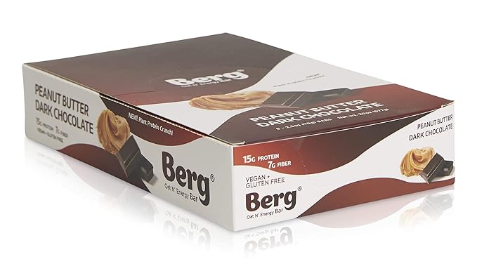 Berg Oat N' Energy Bar | Peanut Butter &amp Dark Chocolate | Plant Based Protein Bar | Non-GMO Gluten Free Nut Free and Vegan | Low Sugar Healthy Snack Bar | High Fiber | On The Go | 2.5oz (8 Pack