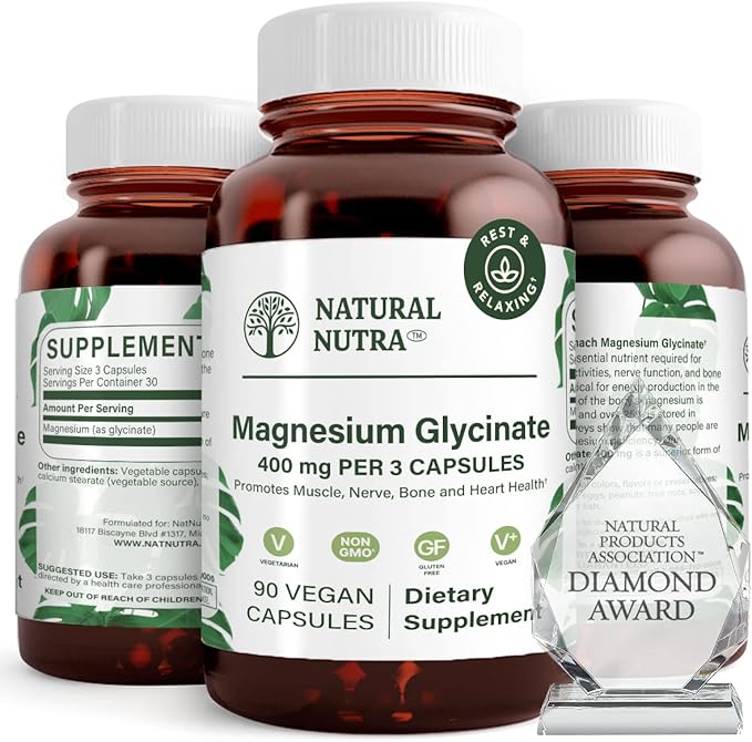 Natural Nutra Magnesium Glycinate 400 mg Supplement Promotes Cardiovascular Health Vegan Helps Improve Bone Health Soy Free 90 Capsules