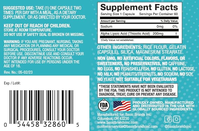 Basic Brands Alpha Lipoic Acid 200mg - Potent Antioxidant ALA Supplement for Healthy Nerve Function &amp Metabolism - 60 Capsules - 2-Pack