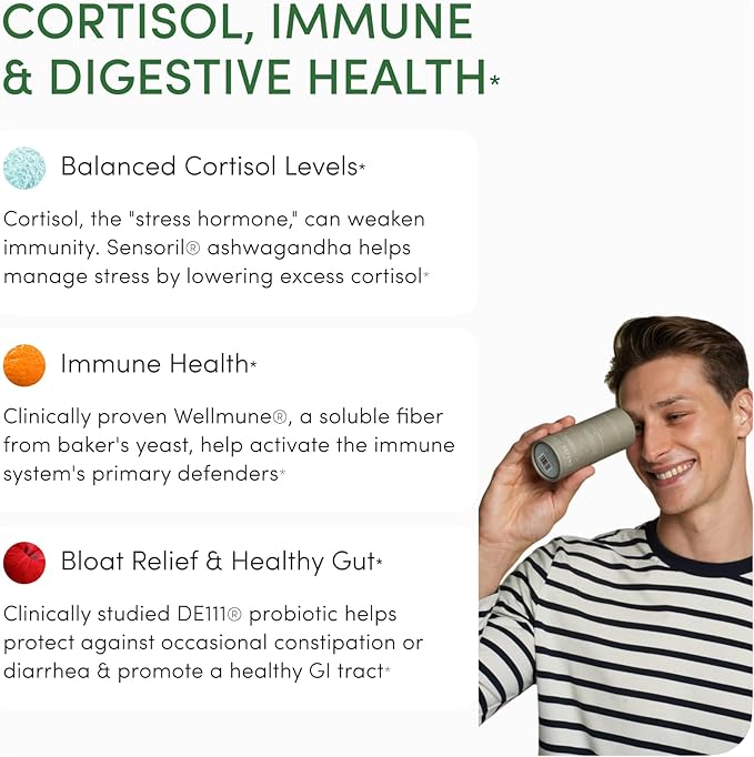 Defend Immune &amp Gut Support – Spore Probiotic DE111® Beta Glucan Ashwagandha – Supports Immunity Gut Health Stress &amp Bloating Relief Supplement – 60 Capsules