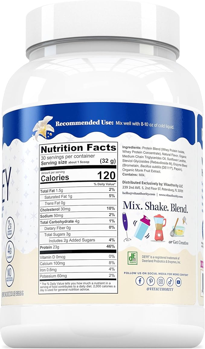 Vitauthority Whey Protein Powder for Women Whey Isolate Probiotics &amp Enzymes Supports Digestion Nutrient Absorption &amp Energy Post-Workout &amp Daily Nutrition Vanilla Flavored 30 Servings