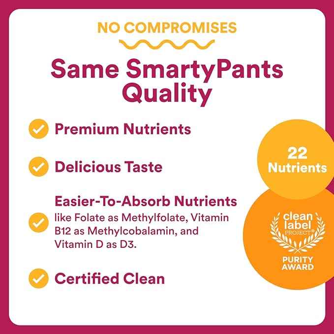 SmartyPants Multivitamin Gummy for Women 50 and Over Omega 3 (DHA/EPA) Methylfolate CoQ10 Vitamin D3 C Vitamin B12 B6 A K Biotin Gluten Free 90 Count (30 Day Supply)