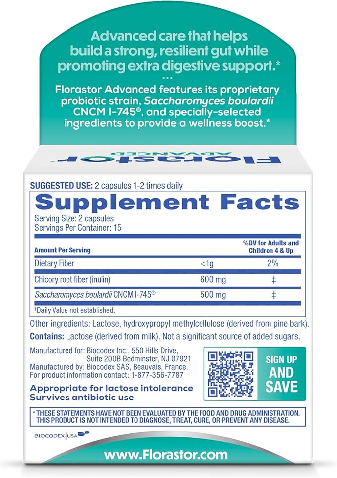 Florastor Select Pro+Pre Daily Probiotic and Prebiotic Supplement for Women and Men Boosts Good Bacteria Saccharomyces Boulardii CNCM I-745 (30 Capsules) (Pack of 2)