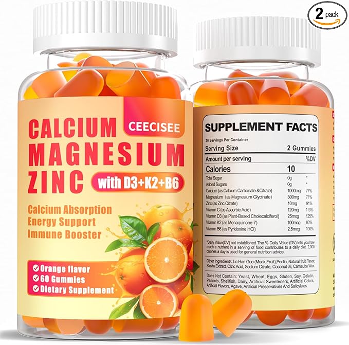 Calcium Magnesium Zinc Gummies with D3 &ampB6 &ampK21000mg Calcium Gummies with 300mg Magnesium Support Immune Energy for Adults and TeensSugar Free(120Count)